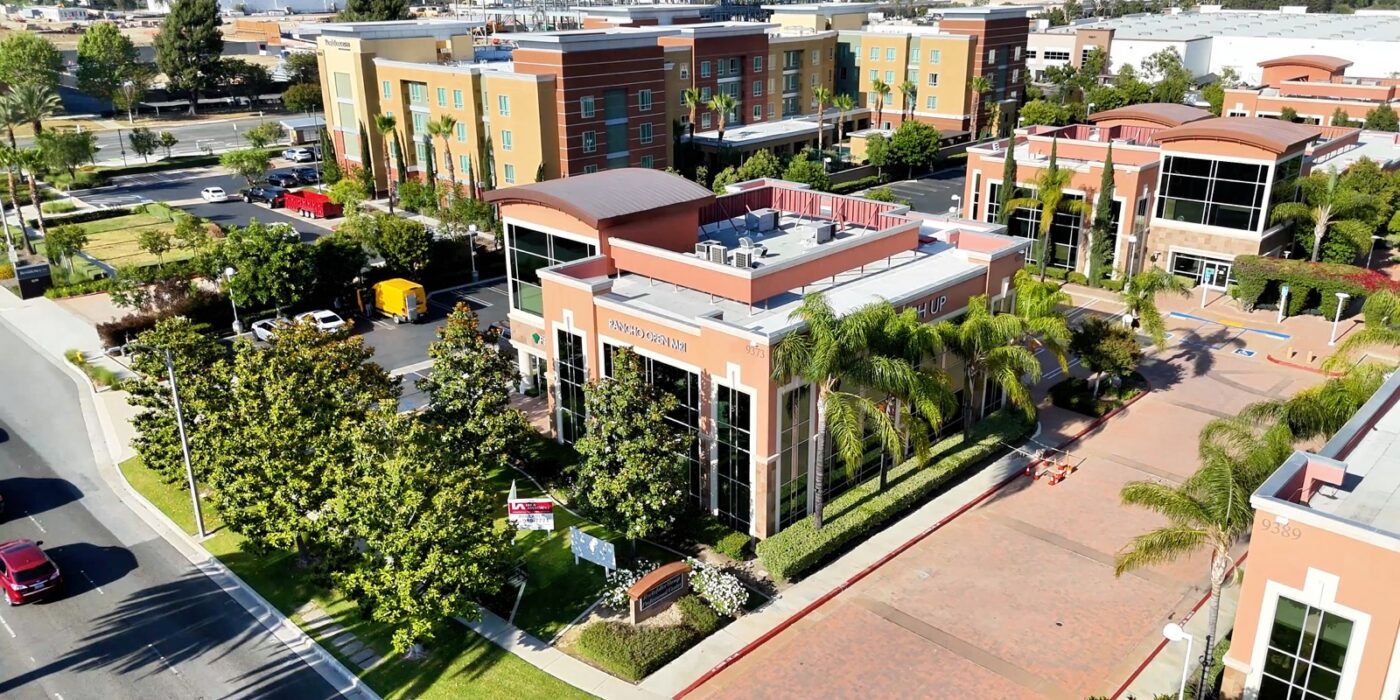 Aerial view of the Rancho Open MRI medical building in Rancho Cucamonga, California