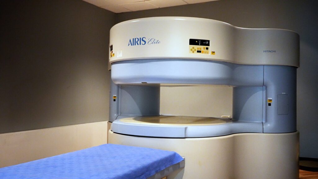 Close-up of the Hitachi Airis Elite open MRI scanner at Rancho Open MRI in Rancho Cucamonga, CA