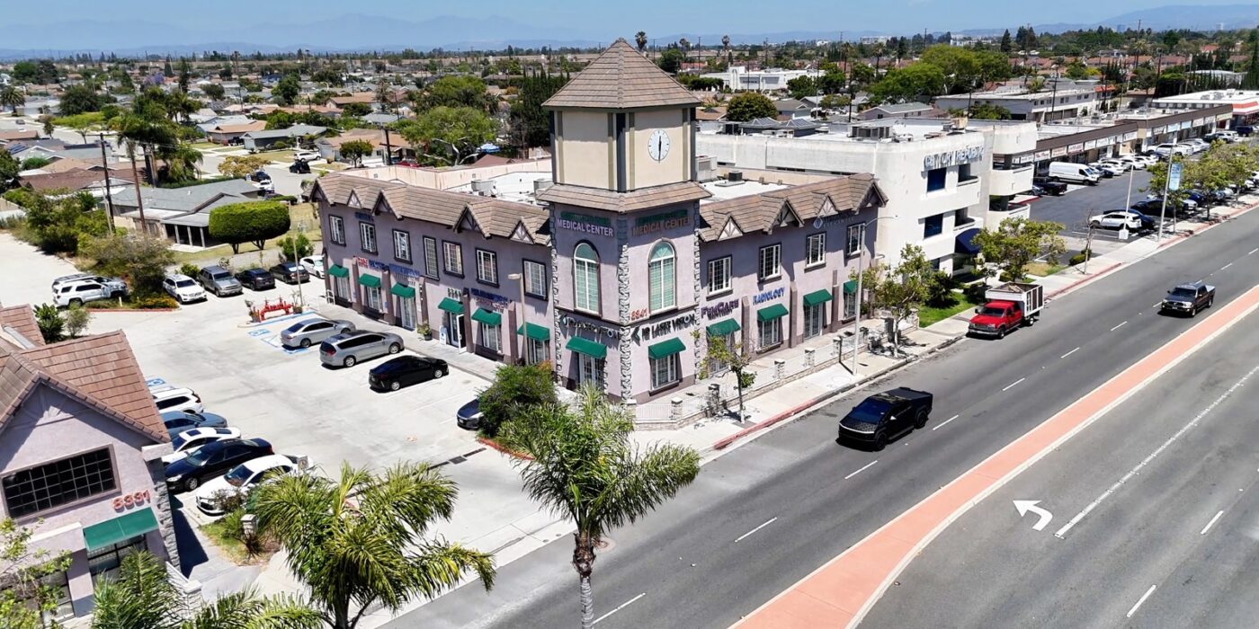 Aerial view of the Westminster Open MRI medical building in Westminster, California