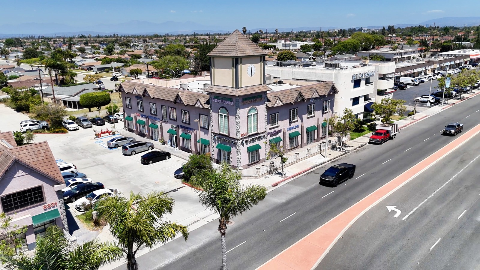 Aerial view of the Westminster Open MRI medical building in Westminster, California